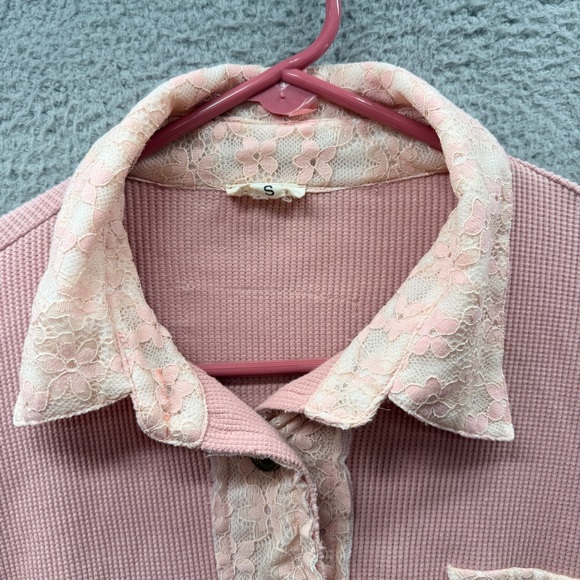 POL Patchwork Lace Dusty Pink Button Up Shirt Top Floral Oversized Boho Size S - Picture 8 of 13